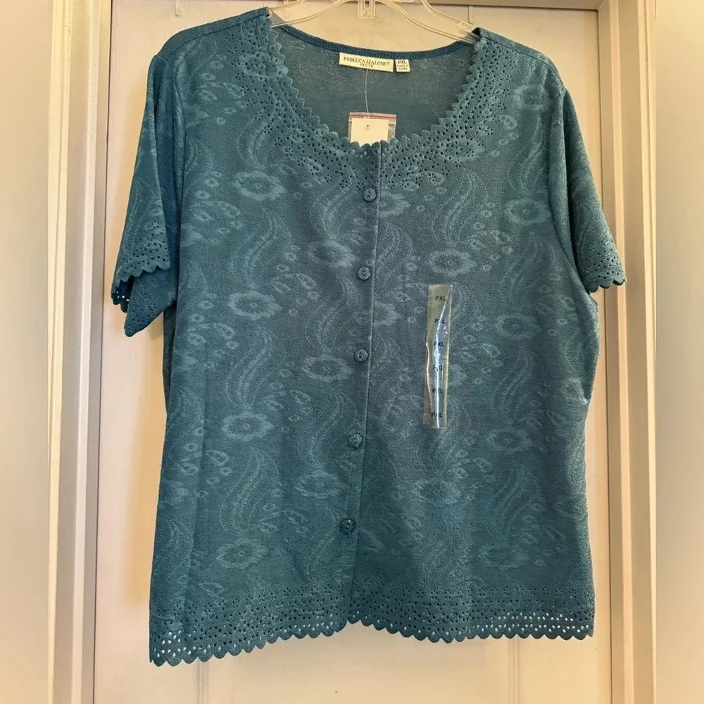 Rebecca Malone Petite Beautiful Dark Teal Short Sleeve Blouse